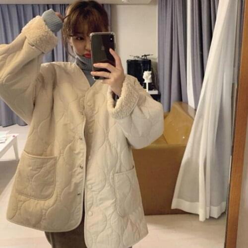 Women Winter Vintage Loose Lamb Wool Parkas Single Breasted Beige Cotton Coat Jacket Full Sleeve Overcoat V Neck Cloak