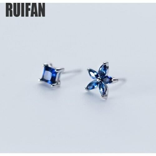 Ruifan Flower/Square Crystal/Rhinestone Asymmetrical Small Stud Earrings for Women Girls 100% 925 Silver Earring Jewelry YEA379