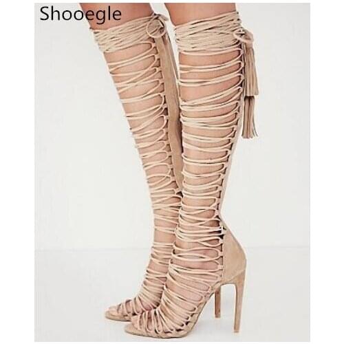 Lace Up Gladiator Women Sandals High Heels Sexy Summer Sandal Boots Shoes Cutouts High Top Thigh High Over The Knee Boot