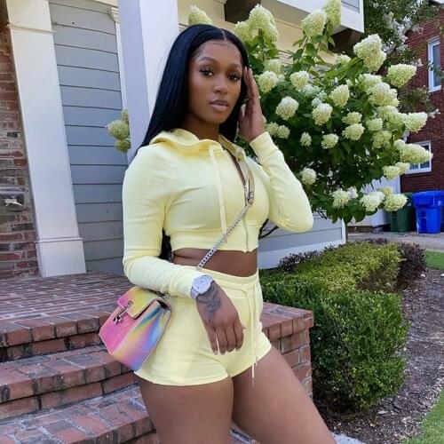 2021 Summer New Style Female Knitted Hooded Zipper Sports Shorts Color Fashion Casual Sexy Suit for Women