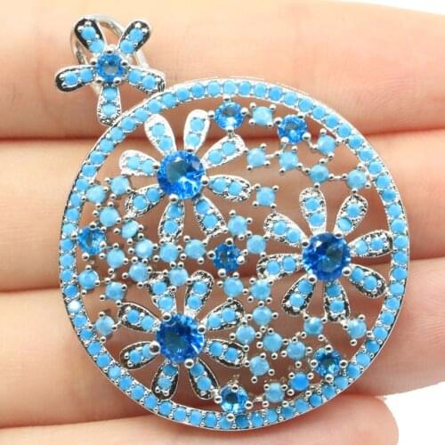 47x37mm New Statement Round Blue Turquoise White Bright Cubic Zircon For Women Eye Catching Silver Pendant