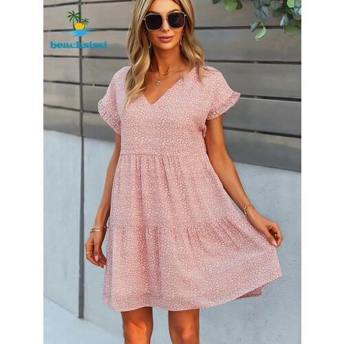 Beachsissi 2021 New Summer Pink Print Casual Dress For Women V Neck Ruffled Mini Length Cute Dress Short Sleeve Beachwear