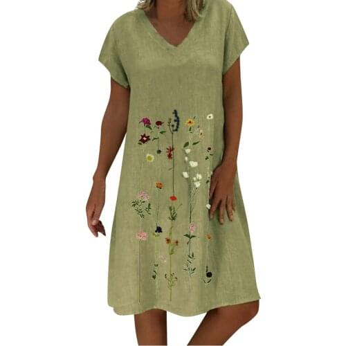 Embroidered Short Sleeves Knee-length V-neck Casual Dress Fashion Women Plus Size Mujer Vestidos Loose Female Fashion Dresses