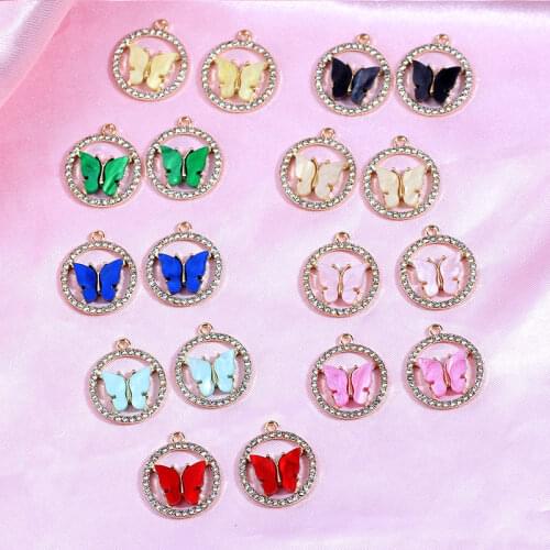 10Pcs Multicolor Acrylic Butterfly Round Frame Pave Rhinestone Charms Pendant Wholesale For DIY Jewelry Making Earring Findings