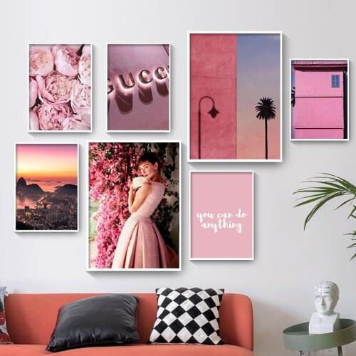5D DIY Diamond Painting Nordic Posters Prints Wall Art Pink City Flower Light Beach Girl Photo Wall Pictures Grils' Room Decor