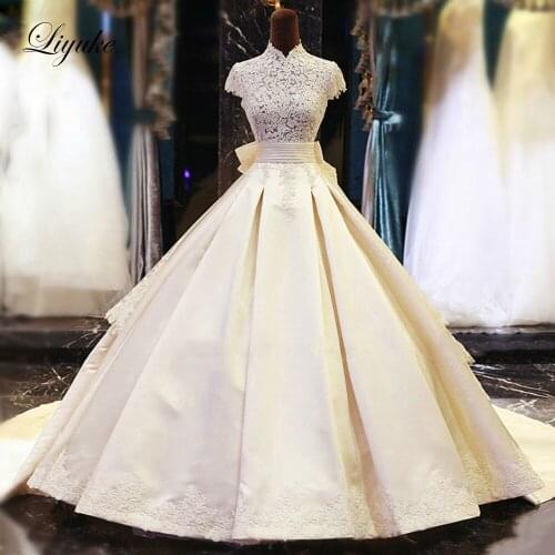 Lustrous Satin A-Line Wedding Dress Luxury Appliques Lace High Collar With Back Bow Elegant Bride Dresses Customize Made