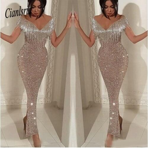 Shiny Sequins Mermaid Prom Dresses Elegant Off Shoulder Tassel Gowns Trumpet Ankle Length Split Cocktail Party Gown