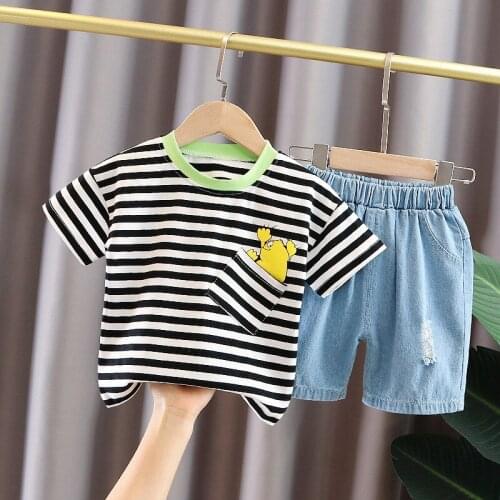 LISUNNY 2021 Summer Boys Clothing Sets Children Casual Outfit Stripe Short Sleeve T Shirt Denim Shorts Kids Vacation Clothes