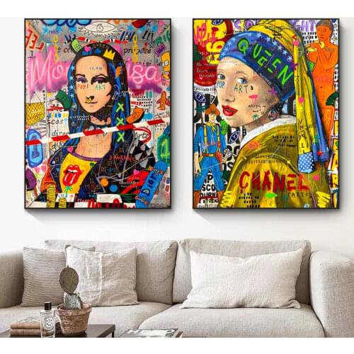 Mona Lisa Graffiti Art Posters and Prints Girl With a Pearl Earring Canvas Painting On The Wall Picture for Living Room Decor