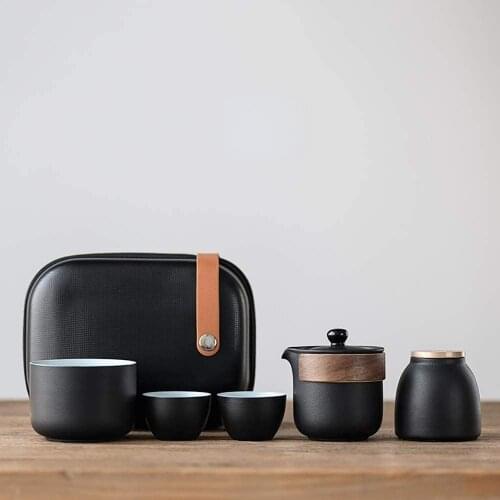 Chinese Tea Set, Ceramic Tea Cup Set, Wood Handle Tea Pot, Black Glaze, with Tea Caddy and Portable Bag