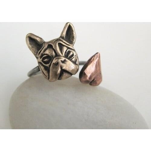 Retro French bulldog animal ring 3 colours antique bronze/silver/copper Bats Jewelry