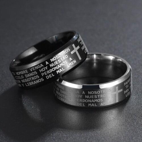 YWSHK 316L Stainless Steel Black Color Jesus Cross Ring Letter Bible Prayer Finger Rings For Men 8mm Amulet Jewelry Wholesale
