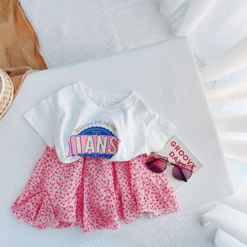 Summer Girls Set Sweet Loose Round Neck Printed T-shirt + Floral Ruffle High Waist Skirt Pink Two-piece Children Clothing Sets