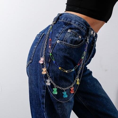 Punk Cute Bear Trousers Chain Keychain for Women Girls Pants Chains Multi Layer Belt Waist Keychains Hip Hop Hook Accessories