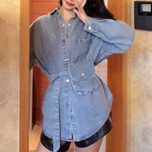 Spring Summer Women Solid Denim Mini Dress Female Pocket With Belt Slim Jean Dresses Femme Single Breasted Vintage Vestido Mujer