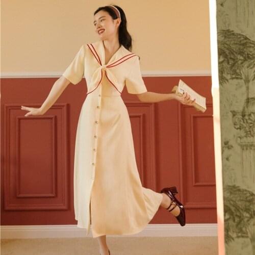 Japanese Soft Girl College Style Maxi Dress Summer Sweet Bowknot Navy Collar Single-breasted French Retro Dress