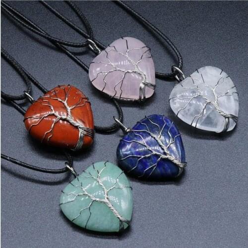 Natural Stone Tree Of Life Heart Healing Pink Quartz Crystal Hand Weave Pendant Necklace Women Jewelry