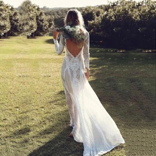 Latest Summer Bohomian Lace Long Sleeve Bridal Wedding Dresses Backless Bateau Neck See Through Bottom Wedding Gowns for Bride