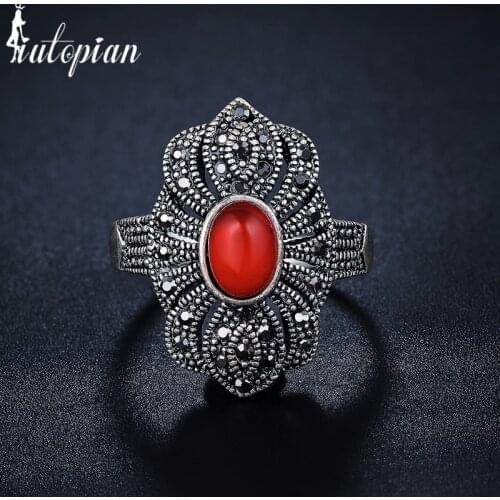 Iutopian Brand New Arrival Palace National Retro Ring with 3 Colors Stone Hollow Lace for Women #G3325red
