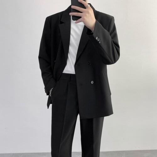 Male Streetwear Fashion Blazer Coat Men Double Breasted Loose Casual Suit Blazers Jacket Man Dress Wedding Suit Jackets
