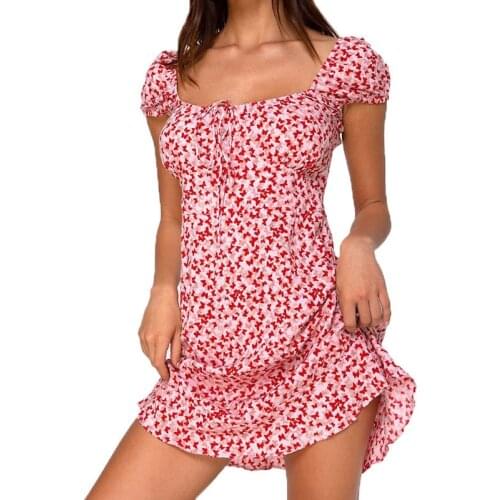 Women Butterfly Flower Print Ruffle Slim Wrap Short Sleeve Dress Summer Office Holiday Beach Dress Woman Elegant Sundress