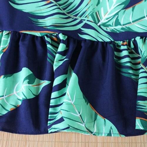 Womens Summer Half Flare Sleeves Chiffon Midi Dress Boho Tropical Leaves Printed Belted High Waist Split Asymmetric Ruffles