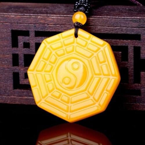 Hand-Carving China Taoism Theme Ba Gua Amulet Ornament Yellow Jade Pendant Necklace *Free Gift Box