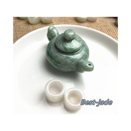 1set Teapot Natural Green Grade A jade Type A ICY Jade Burma jadeite Chinese Fathers Day gift