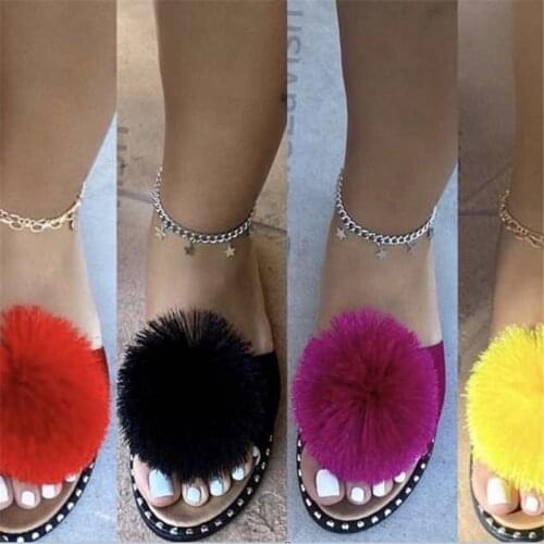 Hairball Slippers Women Solid Open Toe Slides Outside Candy Colors Sandals Female Light Pompom The Ball Shoes Plus Size 35-43