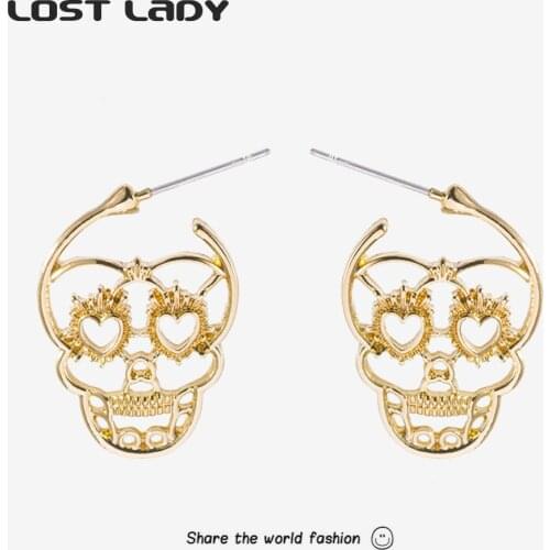 Lost Lady Vintage Hollow Skull Stud Earrings Exaggerated Gold Silver Color Face Earrings For Women Party Jewelry Wholesale