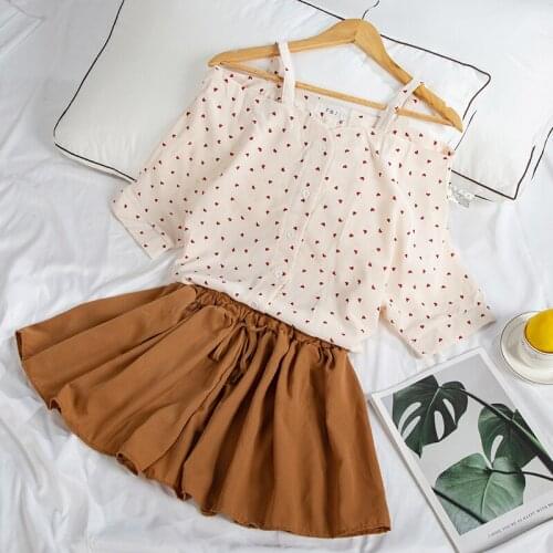 Love print Chiffon shirt + shorts women 2 piece set casual tops and shorts set summer 2 piece outfits Sexy off-shoulder blouse
