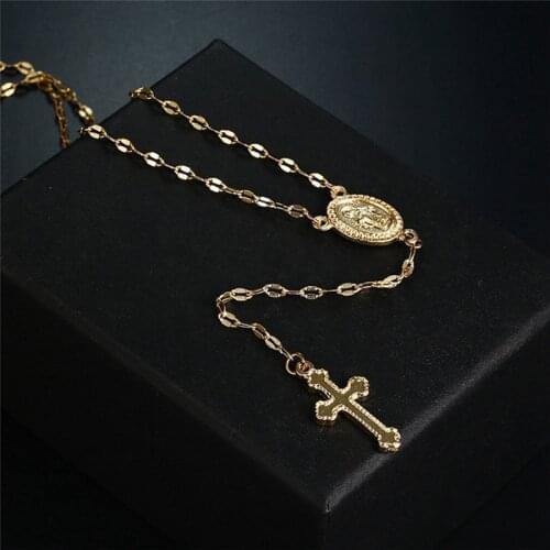 Classic Fashion Cross Pendant Necklace Women Rose Gold Silver Color Long Chain Coin Choker Necklaces Religious Jewelry