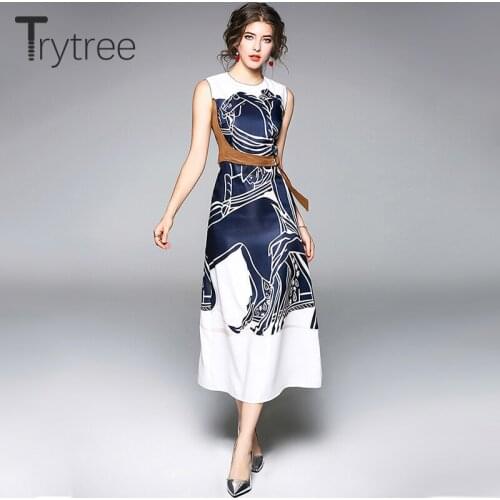 Trytree Summer Dress High street women Sleeveless Print Natural Sashes Polyester dresses O-Neck Mid-Calf A-Line Casual Dresses