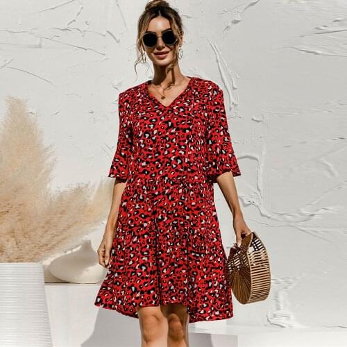 Sexy V Neck Lace Up Leopard Print Loose Women Dresses Summer New Fashion Flare Sleeve Ruffles A Line Beach Dress Vestidos Female