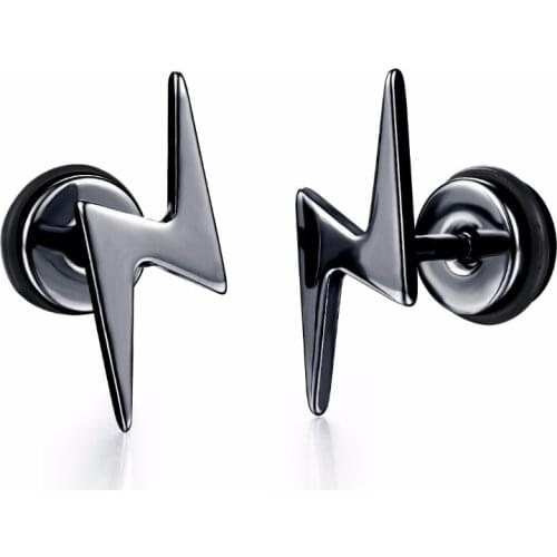 1 Pair Black Titanium Stainless Steel Lightning Earring Men Fashion Casual Stud Earrings Punk Rock Jewelry Drop Shipping