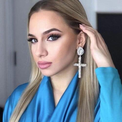 Baroque Style Shiny Rhinestone Cross Pendant Dangle Earrings For Women Fashion jewelry Party Show Statement Earrings Accessories