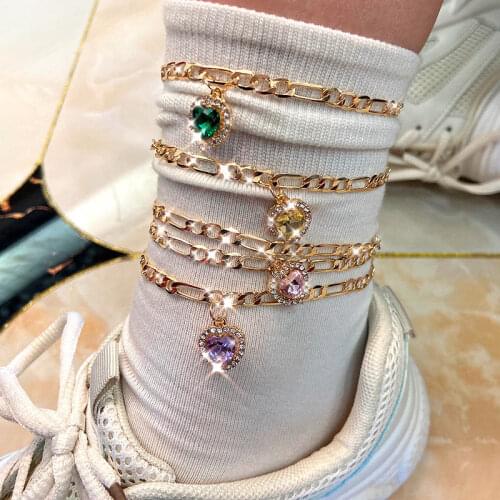 Kasajewel 2Pcs/Set Charm Heart Crystal Anklets Bracelets Gold Color Chain Anklet Summer Barefoot Jewelry Women Friendship Gift