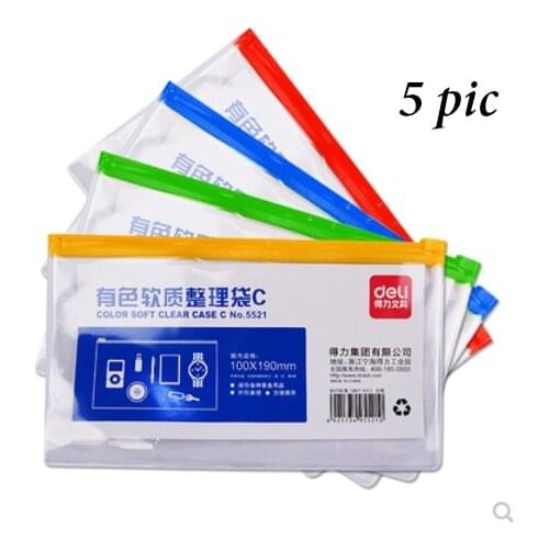 Deli 5521 Document Bag / PVC Transparent Zipper Bag / Information Bag / Document Storage Bag /Small Bill Bag 100*190mm /5 Pieces