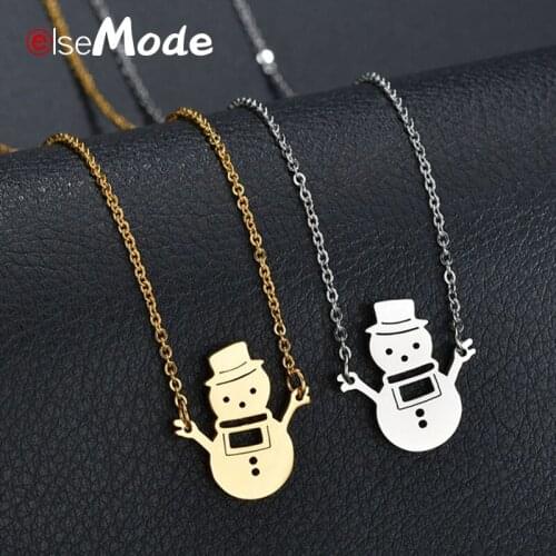 ELSEMODE Cute Hollow Snowman Pendant Long Necklace For Women Gold Steel Stainless Steel Jewelry Santa Claus Christmas Gifts