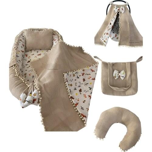 Jaju Baby Handmade, Pique Fabric and Muslin Fabric Fox Design 7 Piece Babynest Set with Pompom