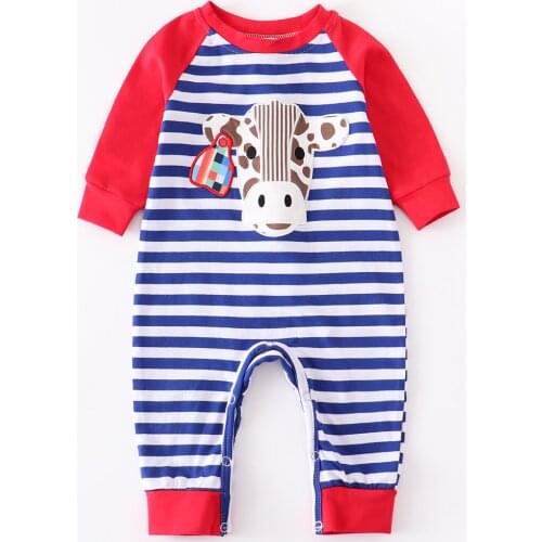 Girlymax fall/winter jump suit red royal stripe cow patch baby boys boutique clothes infant cotton tutu romper Toddler