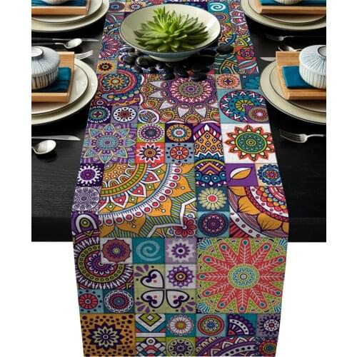 Colorful Pattern Texture Totem Linen Cotton Table Runner Wedding Party Table Runners Dining Room Restaurant Tablecloth