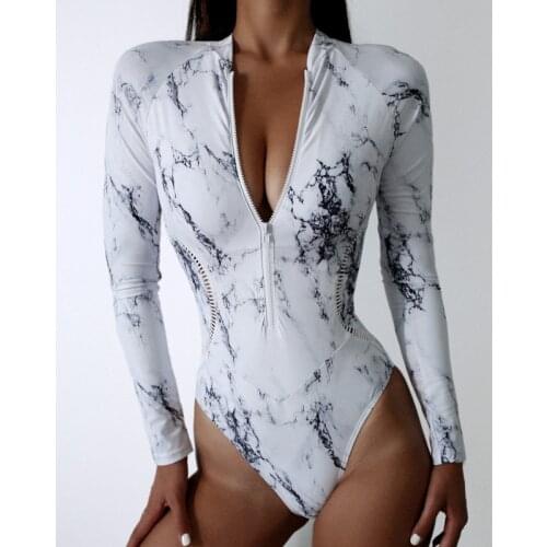 Summer Print One Piece Swimsuit Female Long Sleeve Swimwear Sports Womens Swimming Bathing Suit Beach Bather Surfing Swim Wear