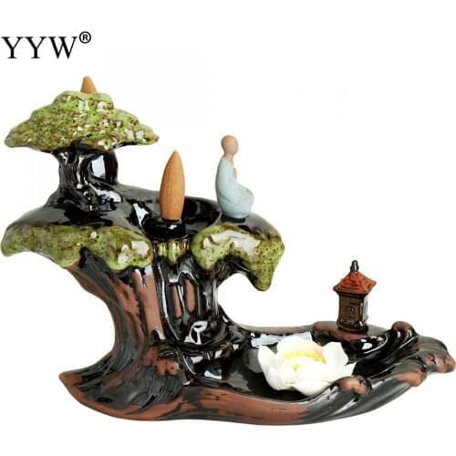 Incense Burner Ceramic Backflow Mountain Flowing Water Faceless Buddha Zen Chinese Style Incense Stick Holder For Home Or Office