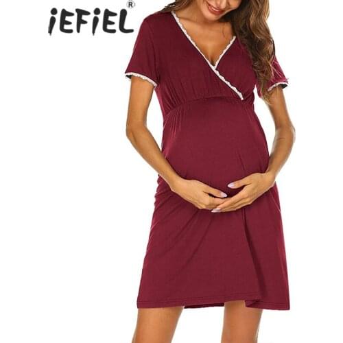 Fashion Maternity Pajamas Clothes Women Pregnancy Breastfeeding Dress Nursing Nightgown Lace Trimming Pleated Loose Nightdress