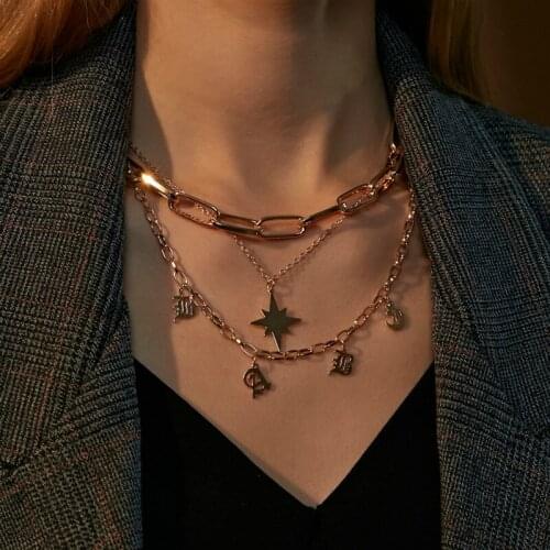 Fashion vintage thick chain multilayer star pendant necklace for women simple layered letter harajuku accessories neck chains