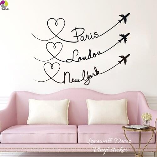 Paris London New York Quote Travel aircraft Wall Stikcer Bedroom Living Room Love Planes City Lettering Wall Decal Kids Vinyl