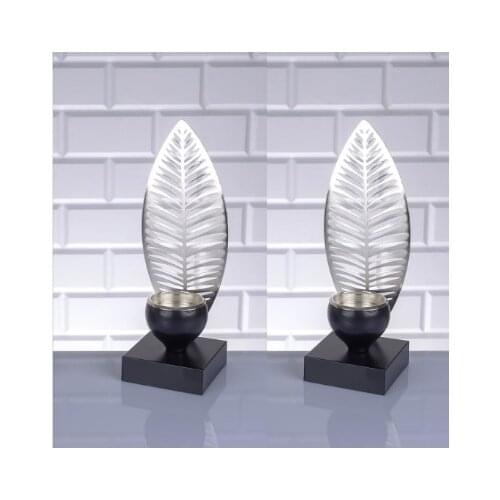 Palm Design Candle Holder Black Silver 2 Piece Decorative Candle Holder