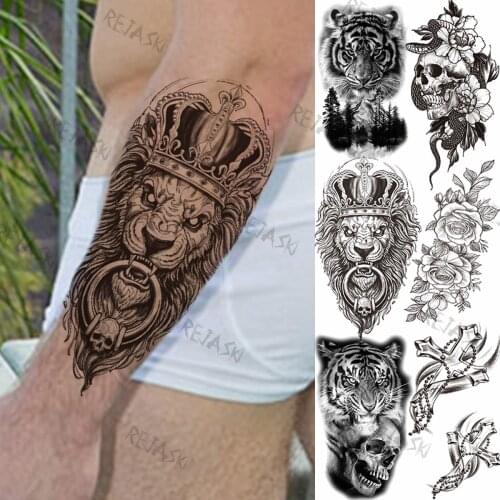 Forearm Big Lion Crown Temporary Tattoos For Men Women Tiger Flower Cross Skull Realistic Fake Tattoo Body Art Tatoo Sticker