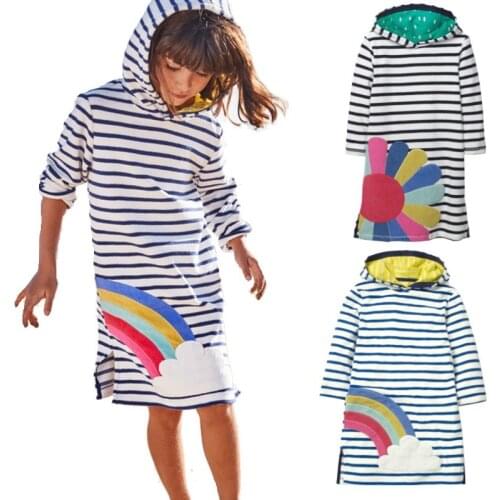 Stripe Rainbow Baby Girl Dress Children One-Piece Dresses Flower Long Sleeve Girls Blouse Clothes Hoodies Kids Outfits Jackets